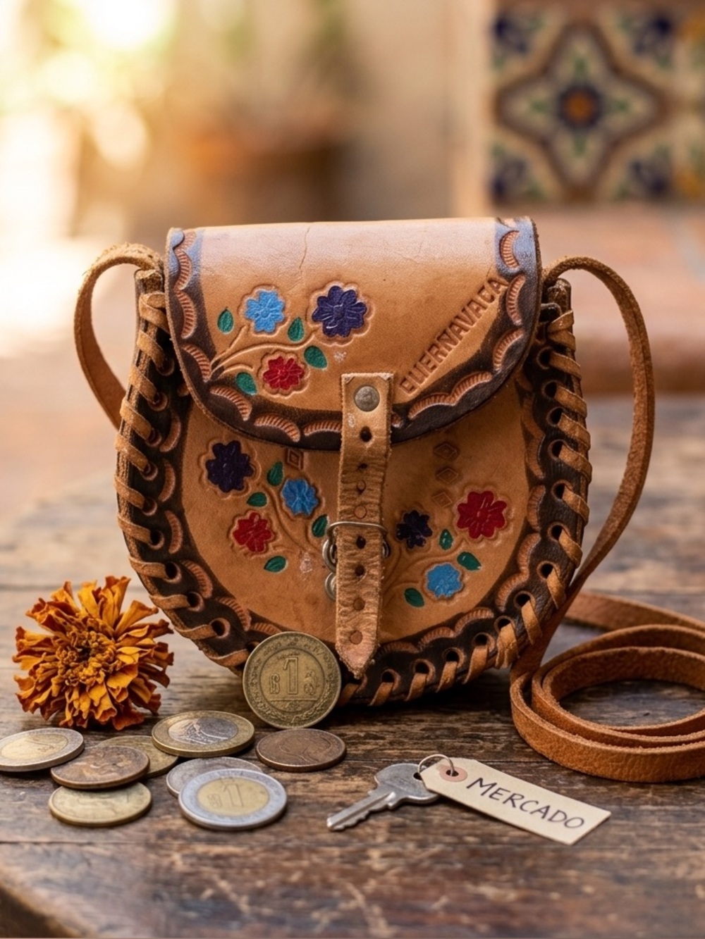 Vintage Handcrafted hand tooled Floral Tan Leather Crossbody Bag